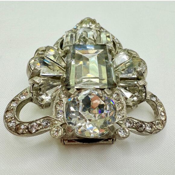 1940s Eisenberg Original Pot Metal Rhinestone Large Art Deco Dress Fur Clip - Picture 6 of 10